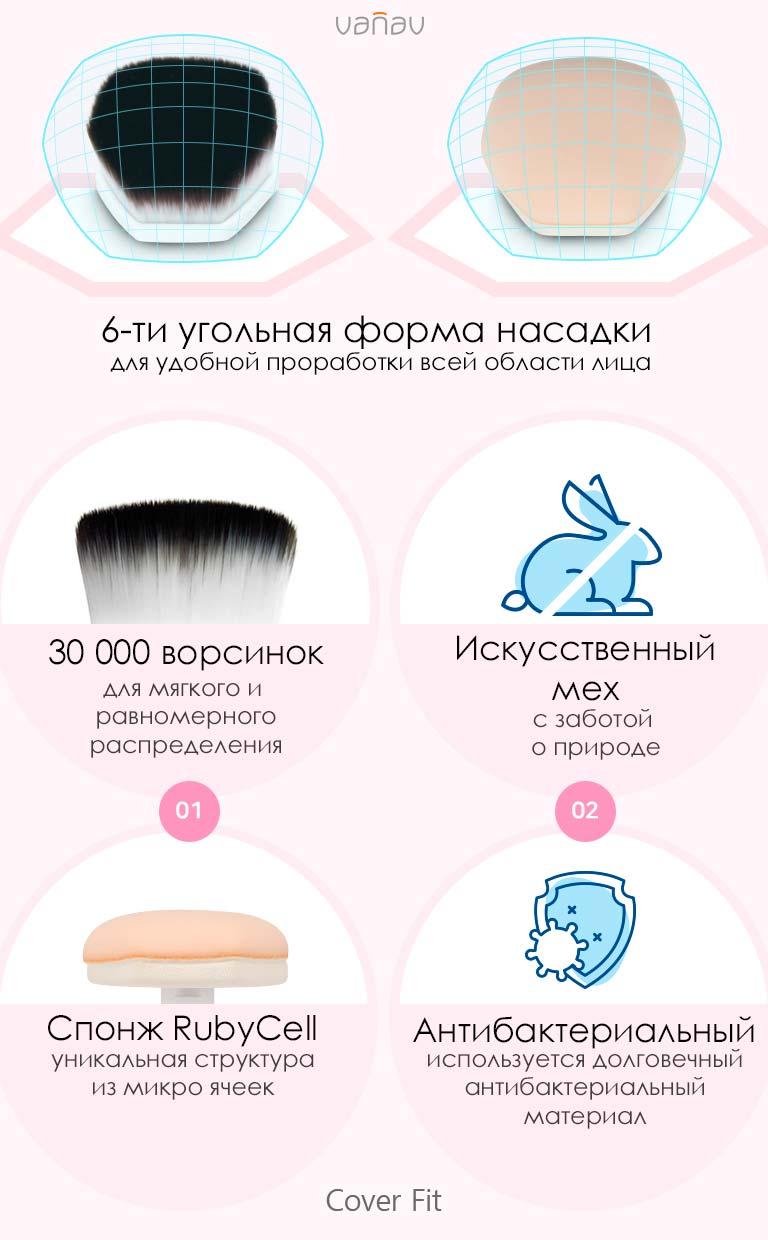 Оптимальная форма головки щеточки для нанесения макияжа VANAV Cover Fit